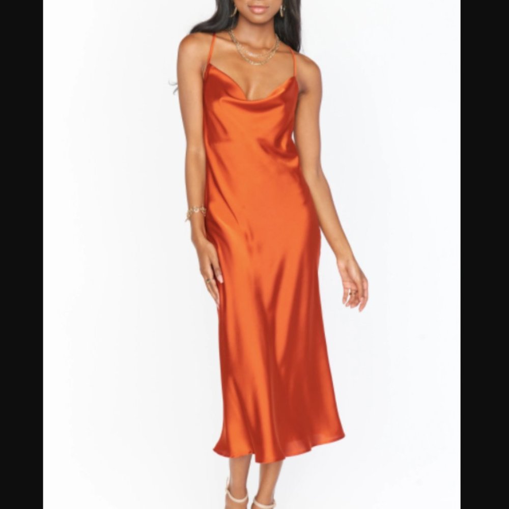 Show Me Your Mumu Verona Cowl Dress in Burnt Orange Luxe Satin sz M